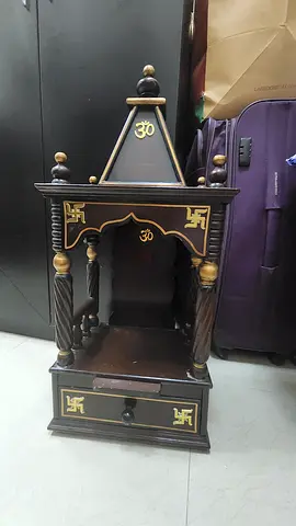 Wooden Pooja Mandir Temple with Drawer – Dark Brown, Compact
