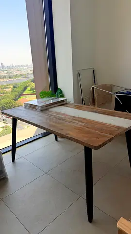 Wooden Dining/Study Table with Black Metal Legs - Good Condition - 6 seater with bench