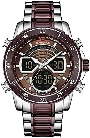 Naviforce 9189 S/CE Mens Stainless Steel Analog-Digital Sport Watch - Brown/Silver