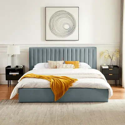 Modern upholstered king bed with vertical channel headboard - light blue