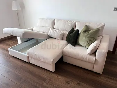 Beige L-shaped Storage Sofa with Chaise - Good Condition