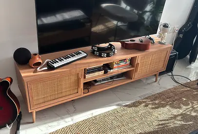 Mid-century Modern TV Media Unit with Woven Rattan Doors