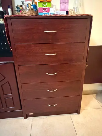Dark Wood 5-Drawer Tall Chest / Dresser - Good Condition