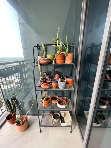 IKEA Metal plant stand with shelves — ideal for balcony or indoor plants +  ceramic pots and plants