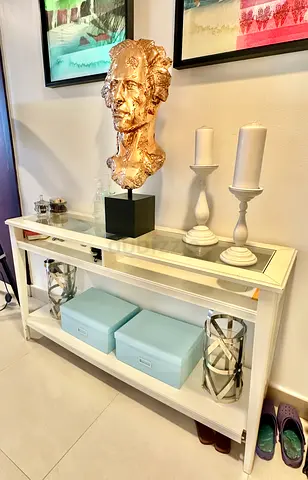 White Hallway console table with Glass Top and Lower Shelf - Modern Entryway Table