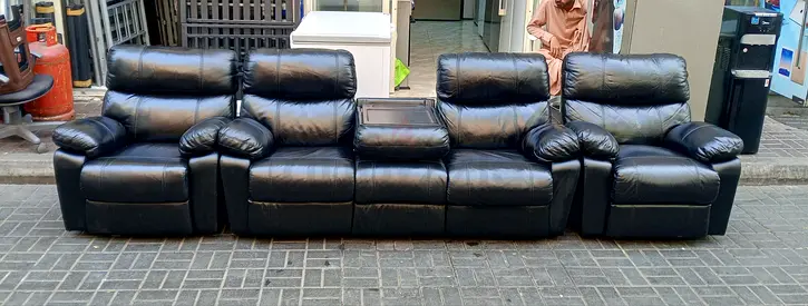 Black Leather 5-Seater Recliner Sofa Set with Center Console