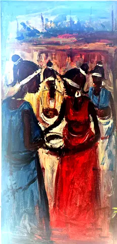 Original Acrylic Painting of African Market Scene - Framed Canvas