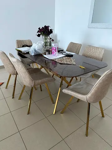 Modern Marble-Top Dining Table with 6 Velvet Chairs