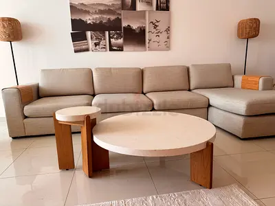 Light gray L-shaped fabric sofa with chaise and matching coffee tables