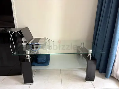 Glass Coffee Table with Lower Shelf and Black Legs