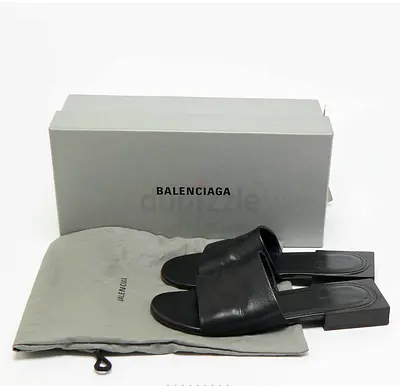 Authentic Balenciaga Black Leather Slide Sandals with Box and Dust Bag - EU Size 37
