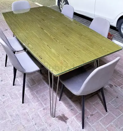 Wooden Dining Table with 6 Upholstered Chairs