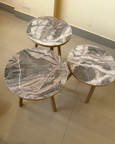 Set of 3 Marble-Top Nesting Side Tables with Wooden Legs