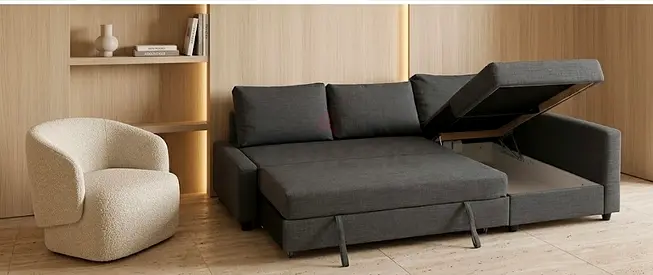 Modern Dark Grey L-shaped Sofa Bed with Storage (Right Chaise) - Excellent Condition