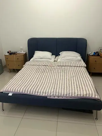 Blue Upholstered Queen Bed Frame with Headboard - Good Condition - 160 X 200cm