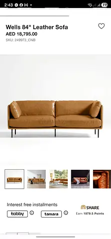 Cratebarrel Wells Leather 2 seater sofa