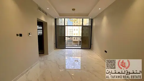 Available for rent, first occupancy, two bedrooms, living room, balcony, and two bathrooms with an outdoor view.
