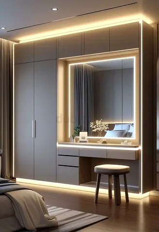 Built-in Wardrobe with Vanity and LED Lighting