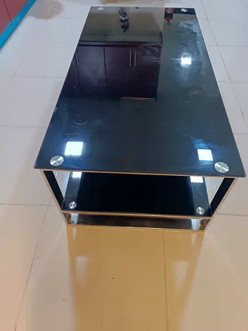 Black Glass Coffee Table with Lower Shelf and Metal Frame