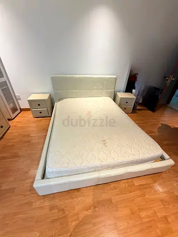 White Leather Double Bed with Mattress and Two Bedside Tables