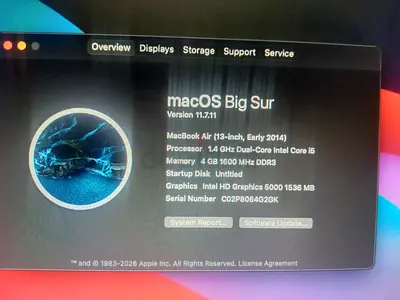 MacBook Air 13-inch (Early 2014) - Intel Core i5, 4GB RAM, macOS Big Sur