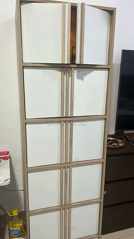 Slim tall storage cabinet with 6 compartments - light wood  white