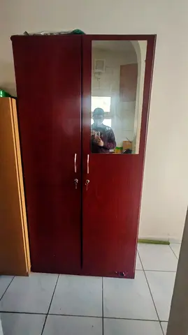 Wooden 2-Door Wardrobe with Mirror - Good Condition