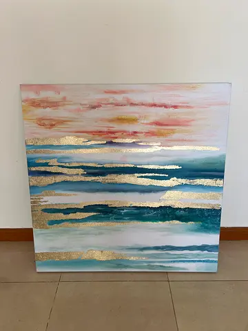 Abstract Coastal Toned Canvas Painting with Gold Leaf Accents