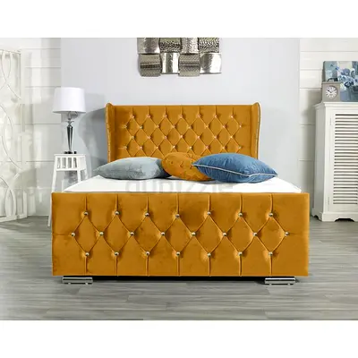 Queen tufted velvet bed frame with storage - mustard yellow