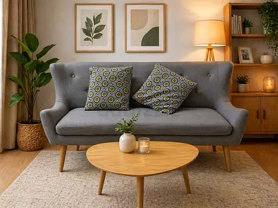 Grey Mid-Century Fabric Sofa - 2-3 Seater, Good Condition with table