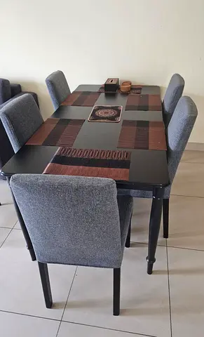 6-Seater Dining Table with Cushioned Chairs - Dark Wood  Grey Upholstery