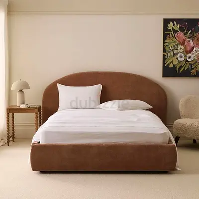 Plush Upholstered Double Bed with Rounded Headboard - Light Brown