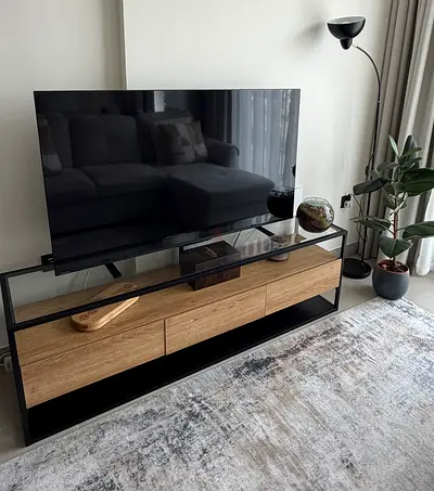 Modern TV Entertainment Unit with Glass Top and Wooden Drawers