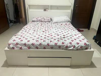 White Storage Double Bed with Headboard Shelves — Good Condition