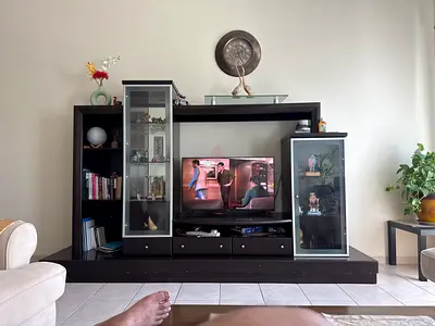 Dark Wood Entertainment Center with Glass Display Cabinets