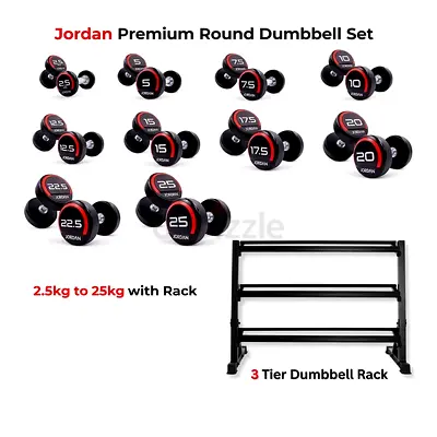 Jordan Premium Round Dumbbell Set 2.5kg–25kg with 3-Tier Rack