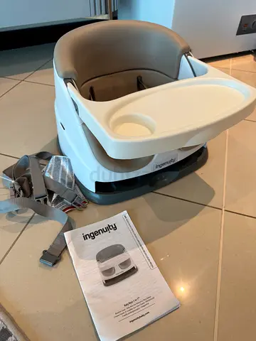 Ingenuity white and grey baby booster/feeding seat with tray and straps
