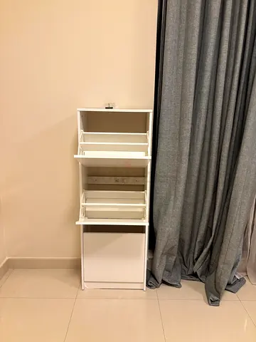 Slim White Shoe Cabinet with Tilt-Out Compartments