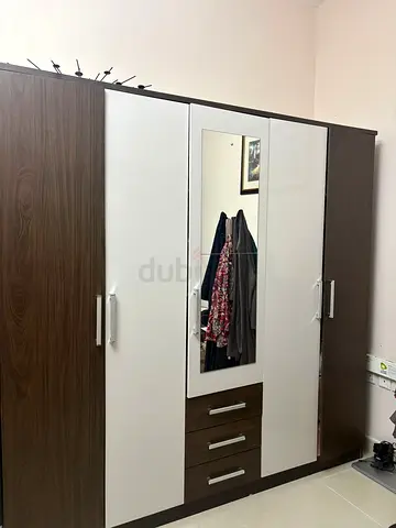 5-Door Wardrobe with Mirror and Drawers - Dark Wood  White Finish