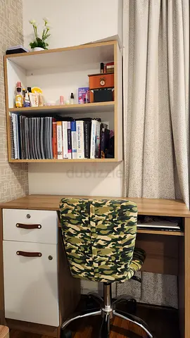 Compact wooden storage shelf with two-drawer unit and chair