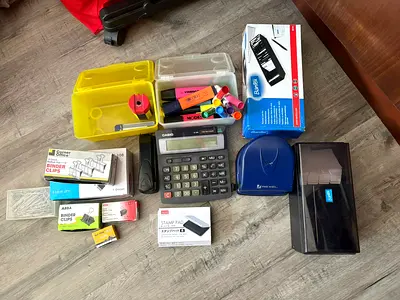 Used Office Supplies Bundle — Calculator, Stapler, Hole Punch, Clips  More