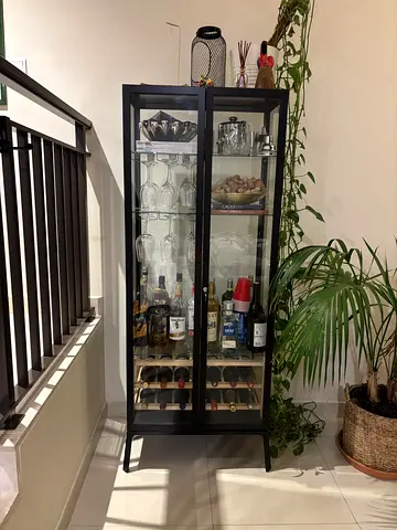 Black Glass-Front Bar Cabinet with Wine Rack