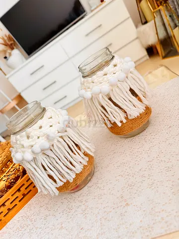 Pair of Boho Macramé Decor Jars — White  Natural in excellent condition
