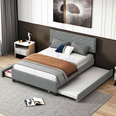 Modern Grey Upholstered Double Bed with Trundle - Comfortable Design