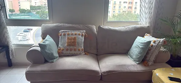 3  plus 2 seater beige fabric sofa in good condition