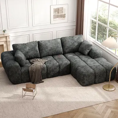 Gray velvet deep seat modular L shaped couch