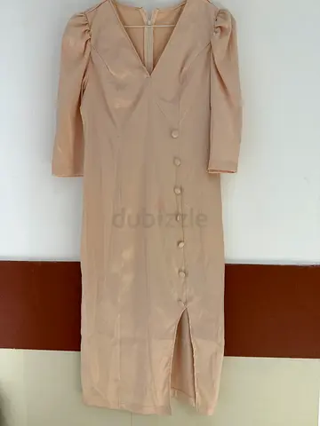 Small size Beige satin Knee-Length Button Front Dress,