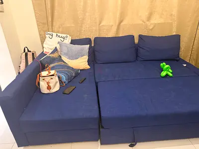 Blue sofa bed, converts to double bed - good condition