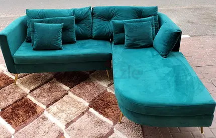 Teal Velvet L-Shaped Corner Sofa with Cushions — Good Condition