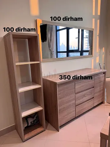 Wood-effect sideboard + tall shelf + wall mirror - good condition